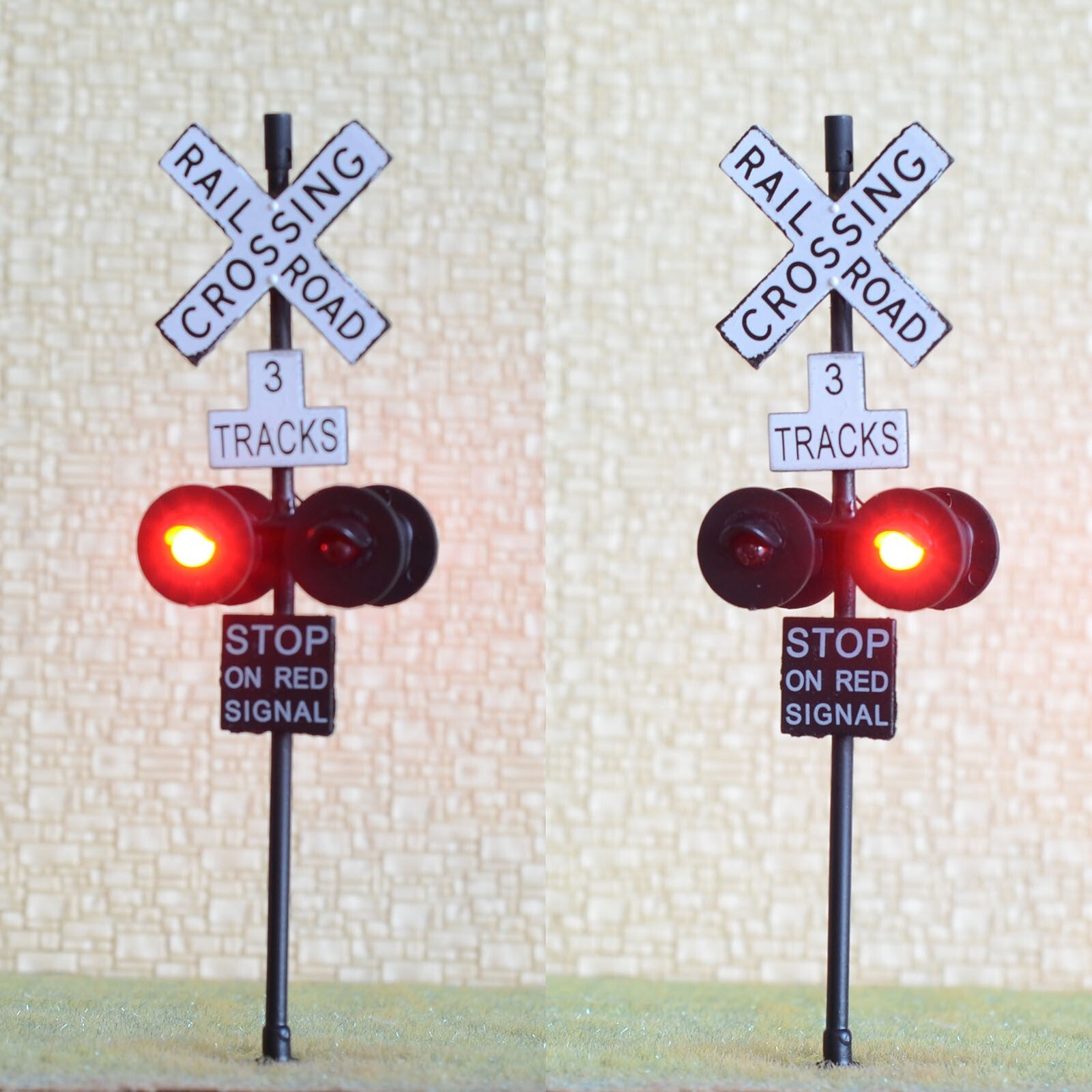 2 x O scale railroad crossing signals 4 heads + 1 circuit board flasher #3TB4