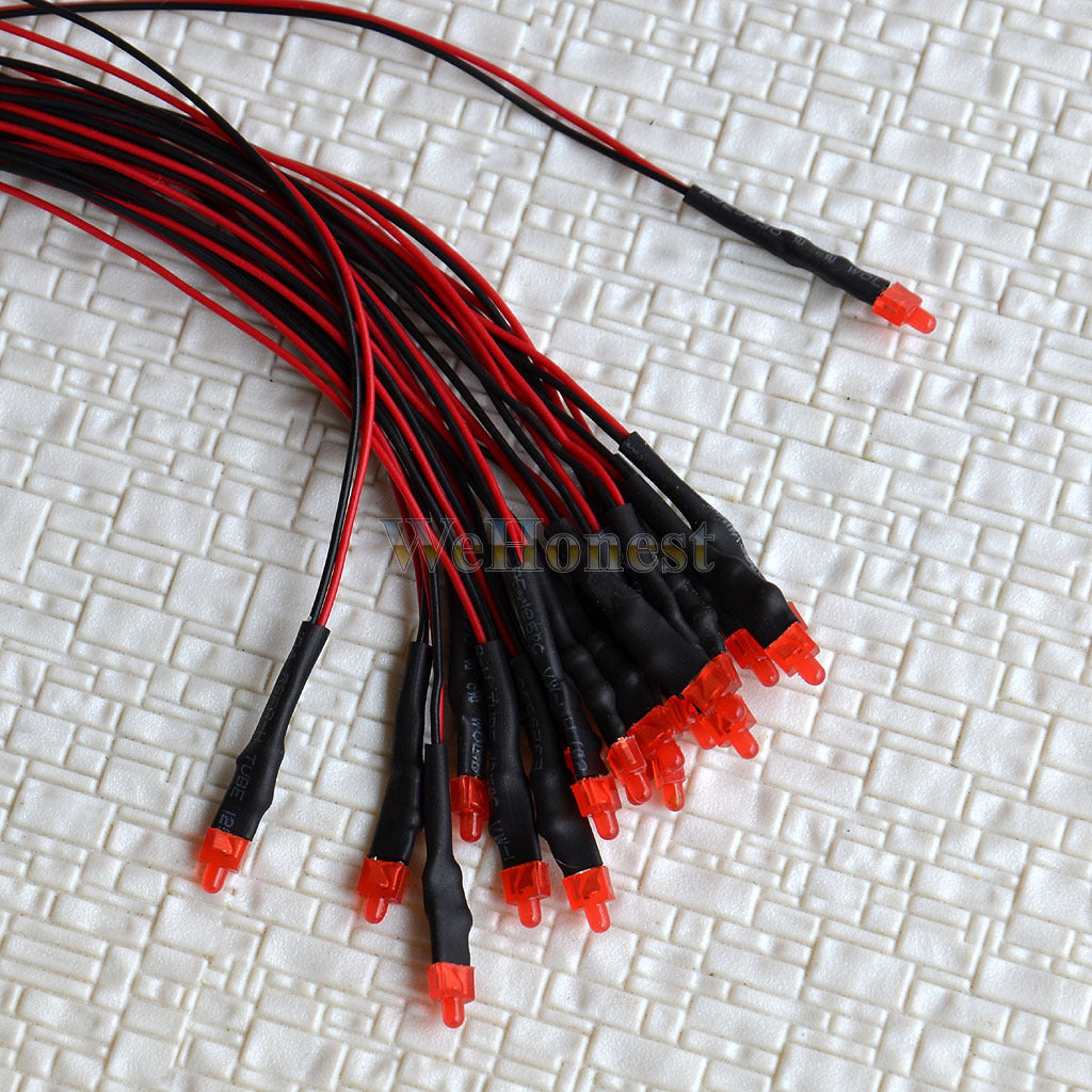 10 pcs prewired 2mm Red LEDs pre-wired 1k resistors for 12V to 18V DC use