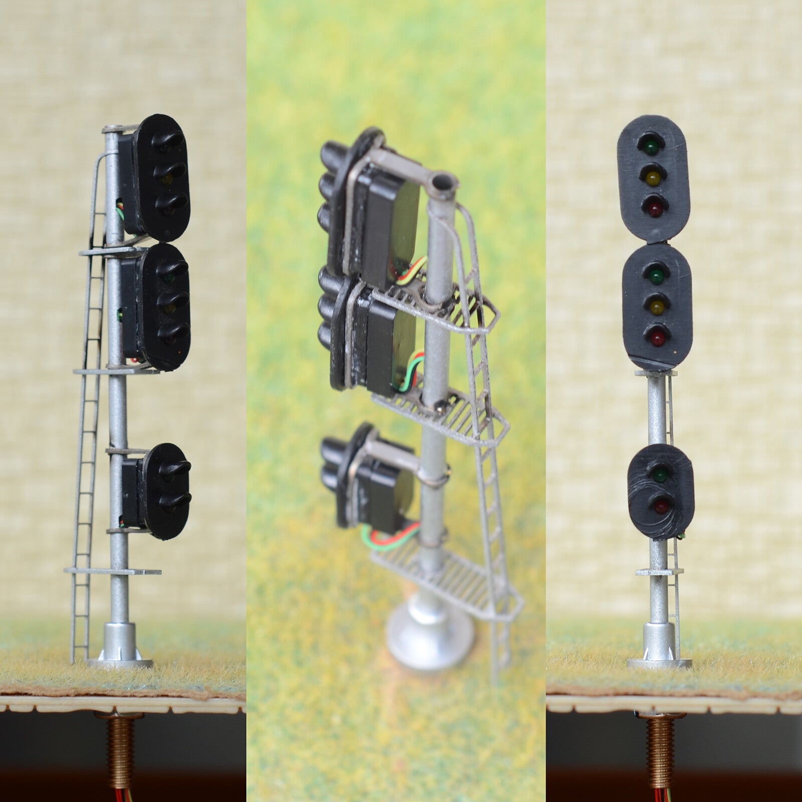 1 x HO scale railroad model 3 colors block signal 3 heads distance metal #B332