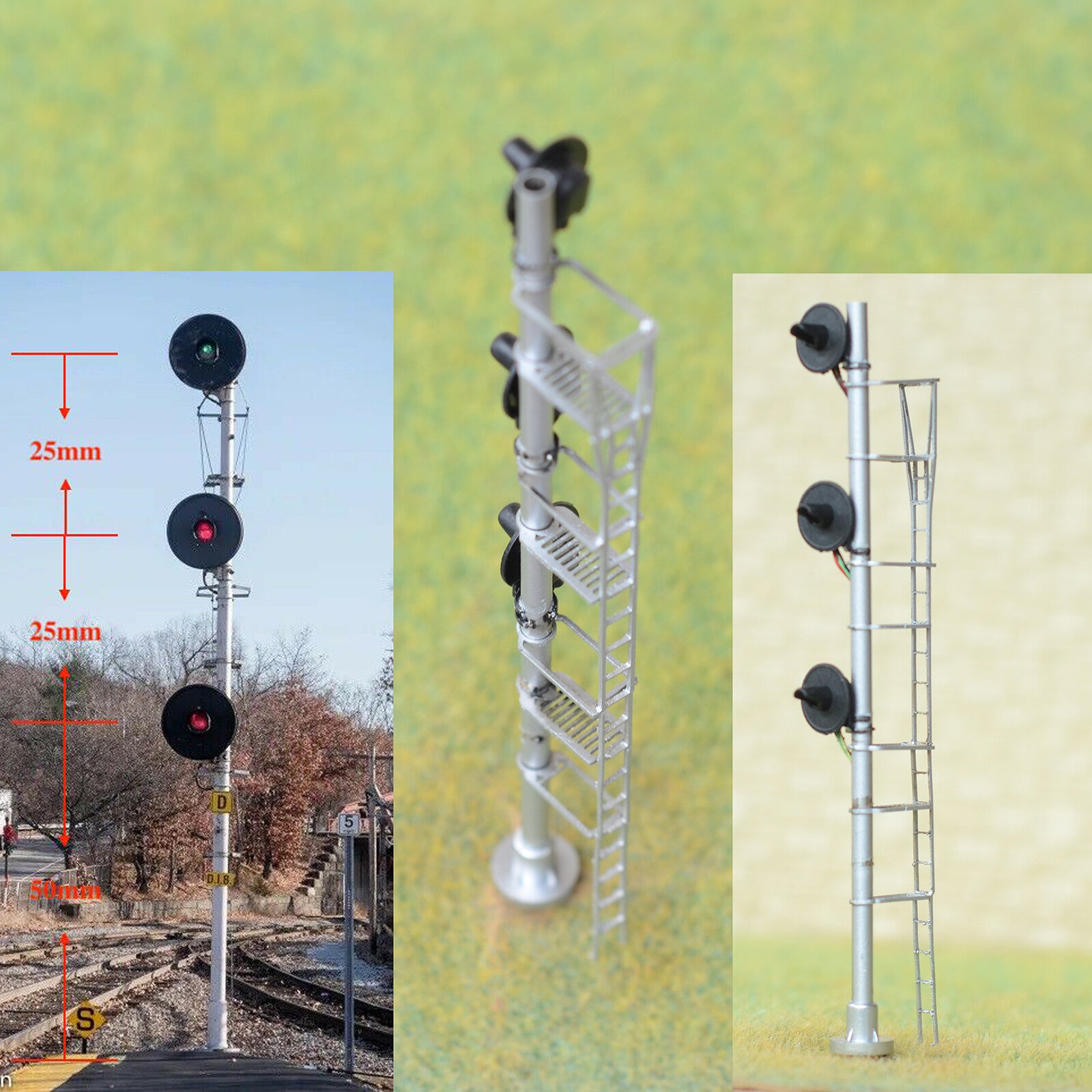 1 x HO scale model railroad 3-colors searchlight signal metal block 3 heads #S13