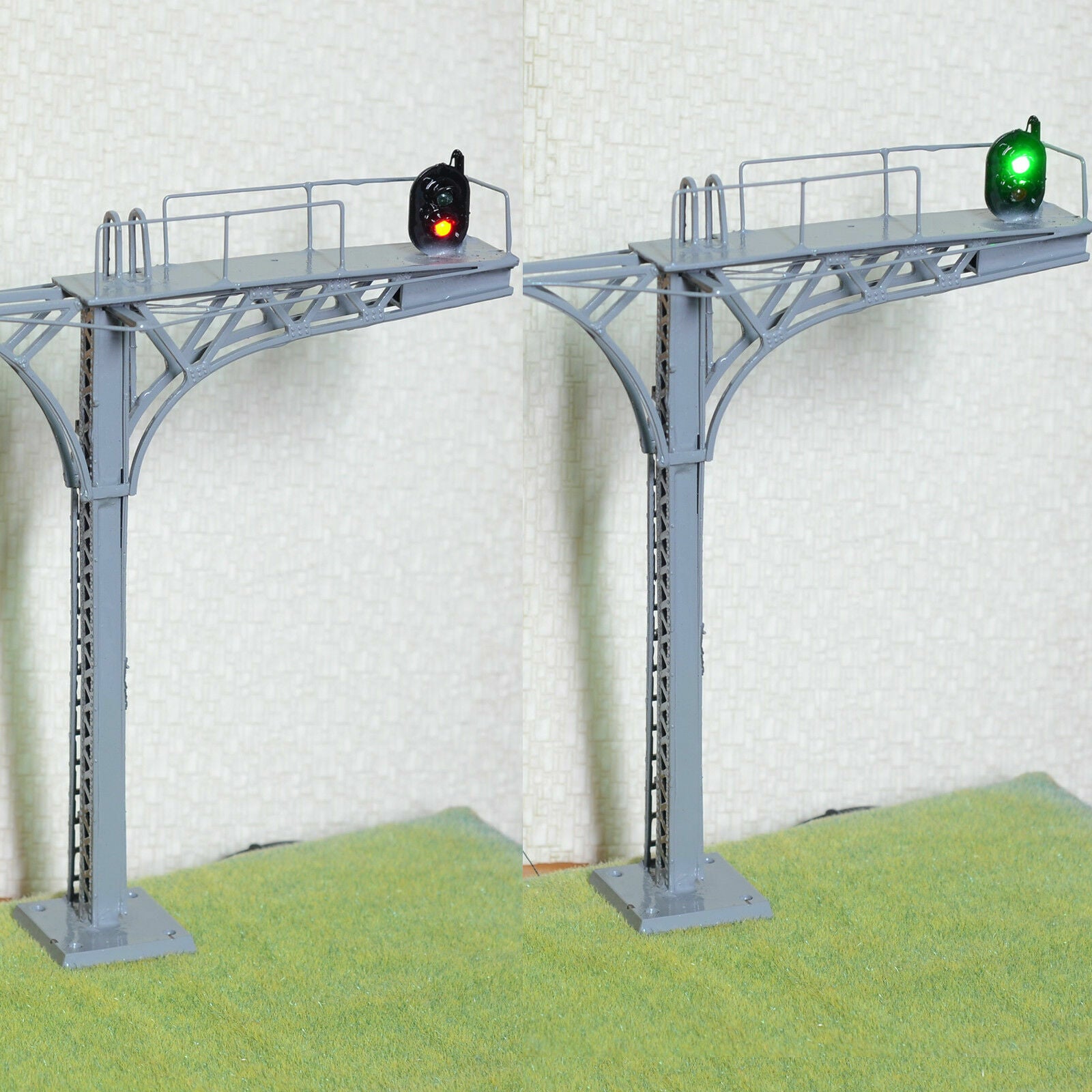 1 x O scale 1:48 cantilever block signal bridge wired LEDs 2 aspects 12V gray #L