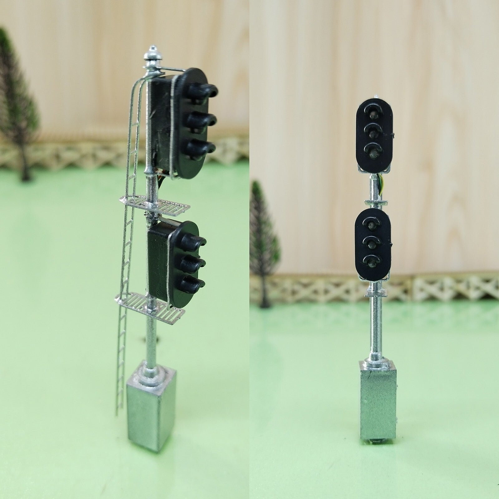 1 x HO scale model railroad tri-color block signal 2 heads with cabinet #K33C6