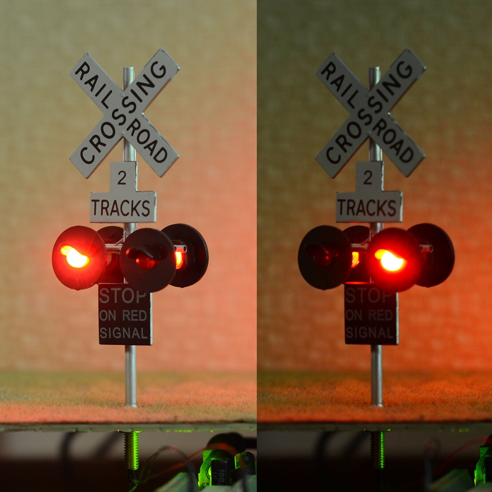 2 x O scale railroad LED grade crossing signals + 1 circuit board flasher #SS4