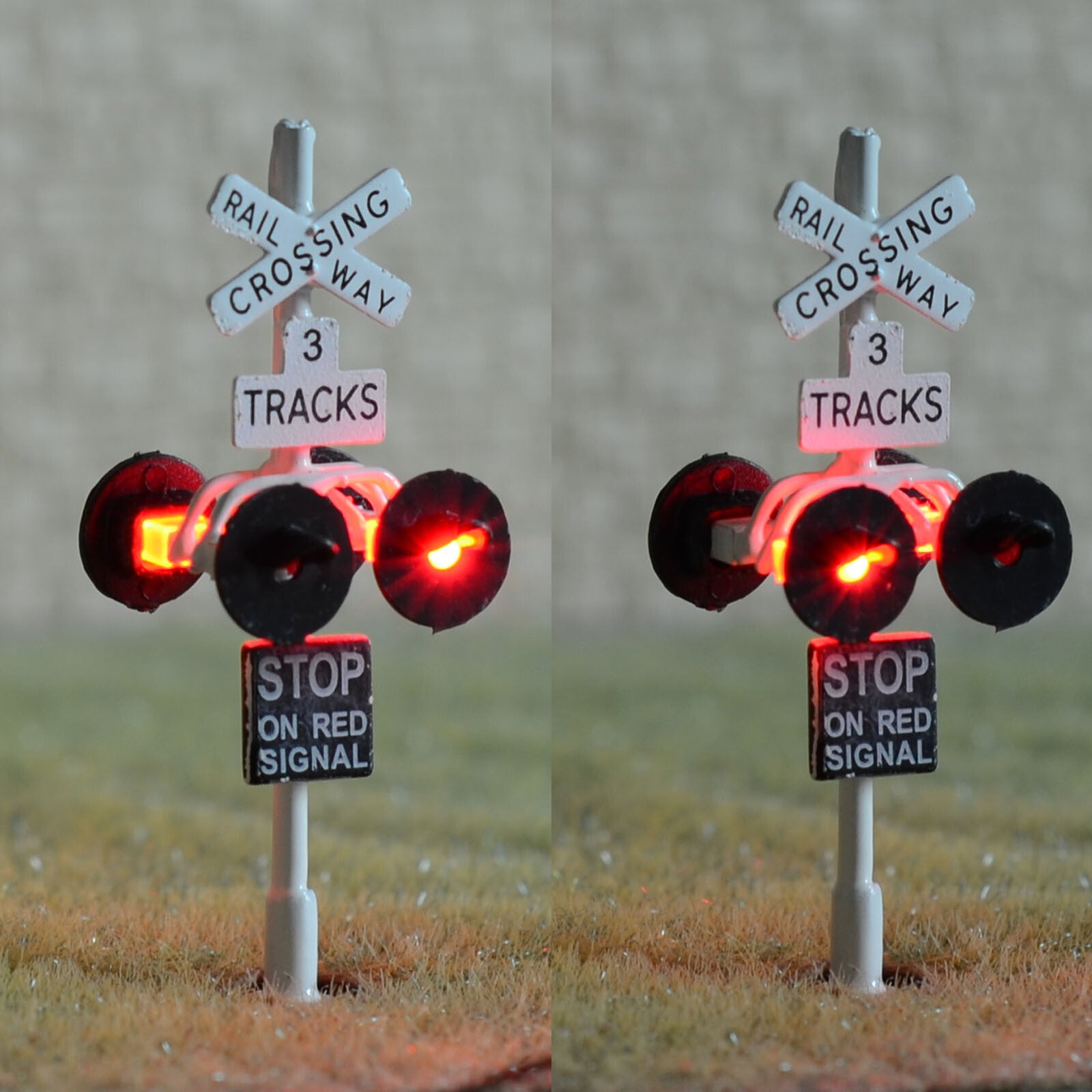 2 x HO scale railway grade crossing signal 3 track + 1 circuit board flasher 3W4