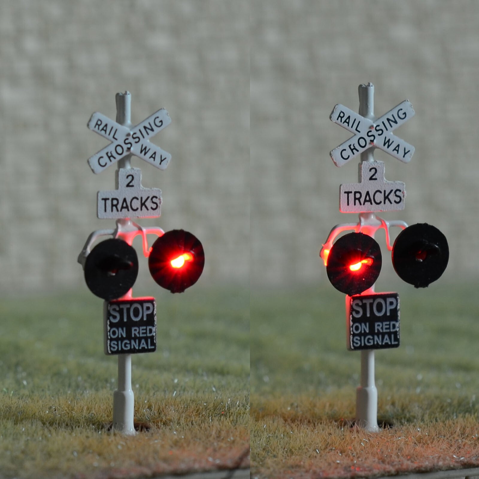 2 x HO scale railway grade crossing signal 2 track + 1 circuit board flasher 3W2