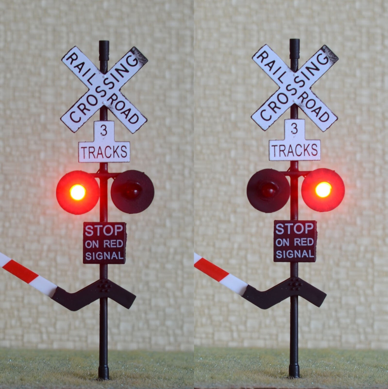 2 x O scale railroad crossing gate signal stop lever 3 tracks + flasher  #48B23
